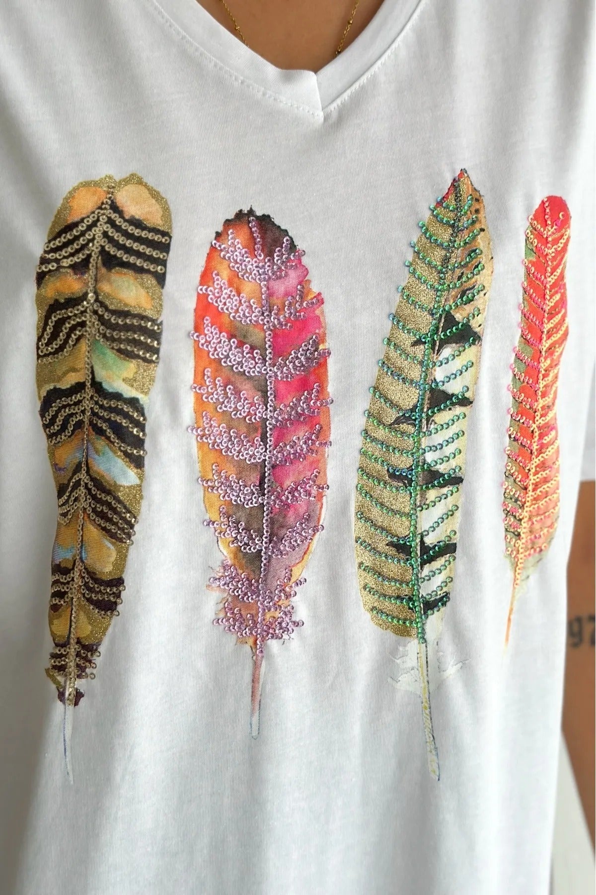 Tilda Leaf Sequin Cotton Short Sleeve T-Shirt - White