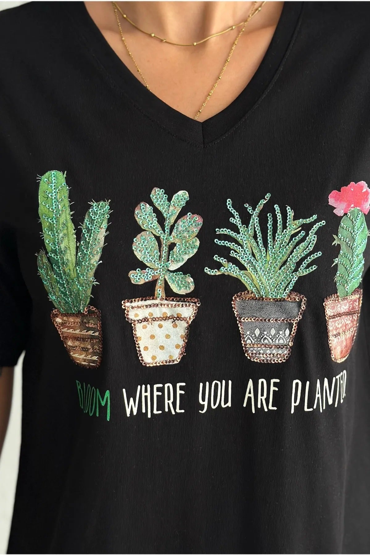 Tilda Black Cactus Floral Sequin Cotton T-Shirt