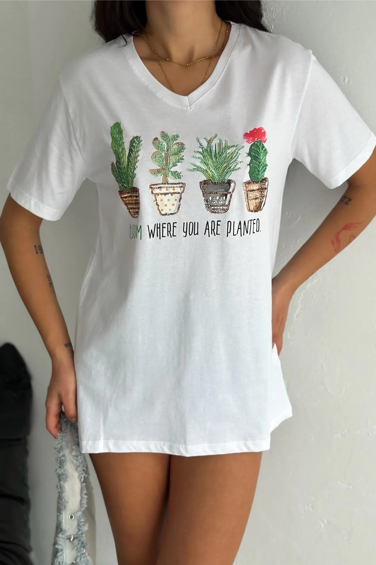 Tilda Cactus Floral Sequin Cotton T-Shirt - White