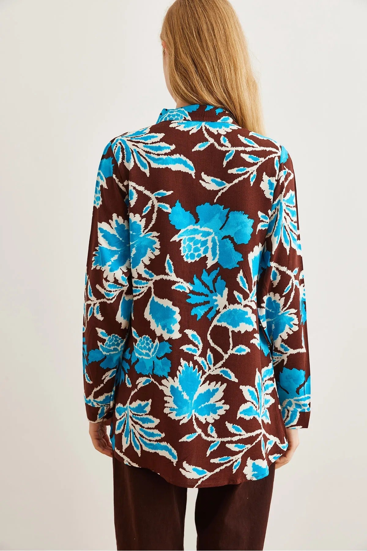 Sophia Blue Brown Floral Designer Button Down Shirt