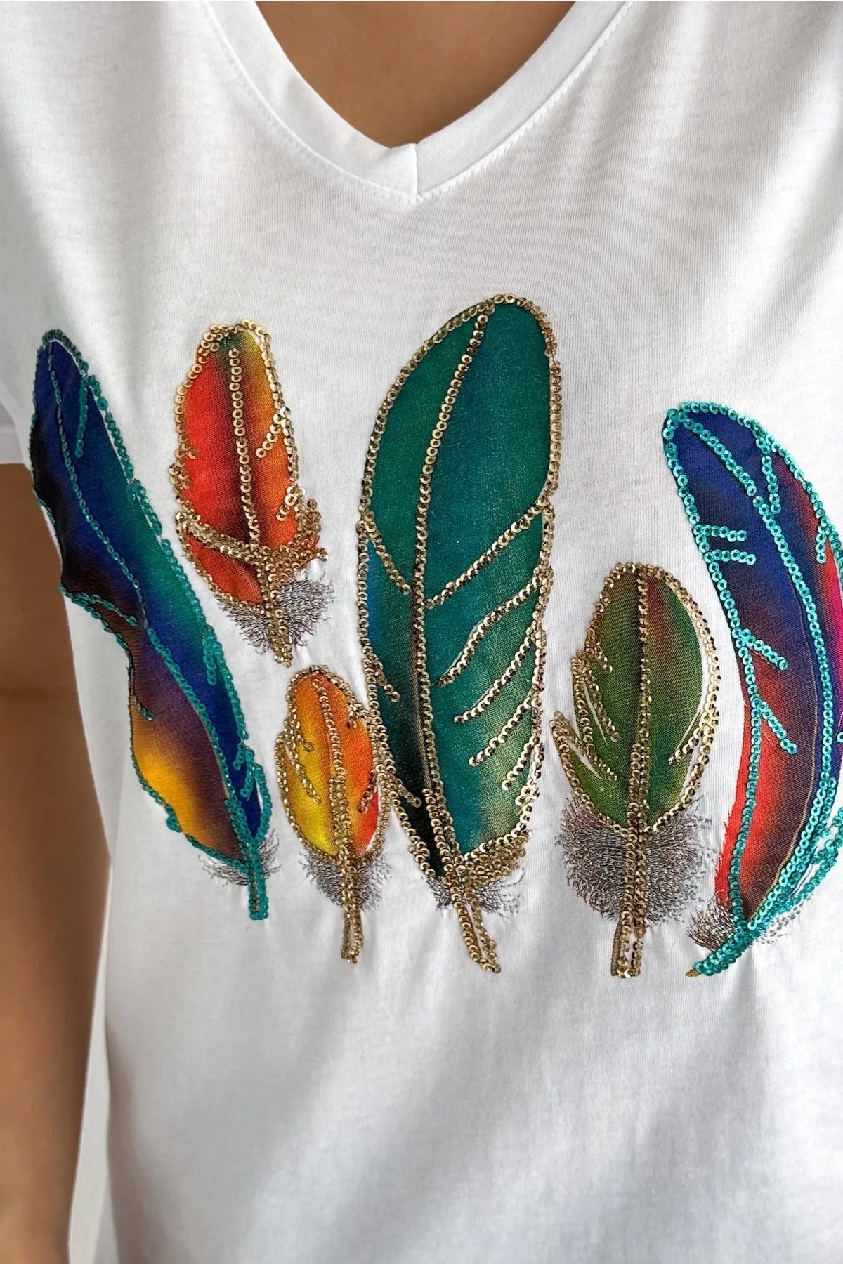 Tilda Colorful Feather Sequin Cotton T-Shirt - White