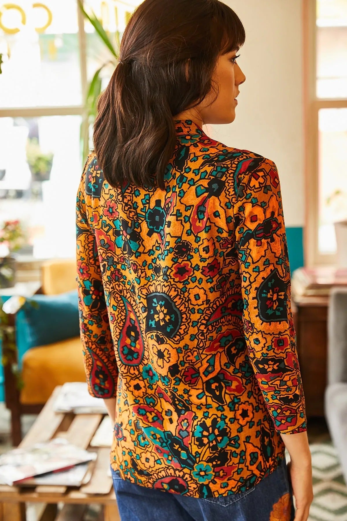 Sophia Boho Paisley Print Ethnic Orange Button Down Shirt