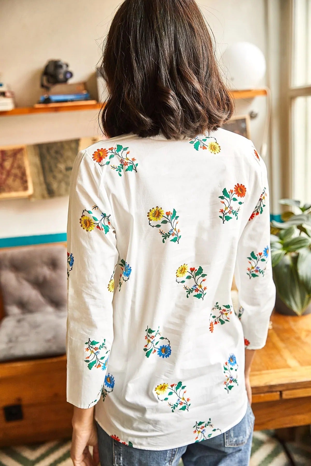 Sophia White Floral Designer Button Down Shirt