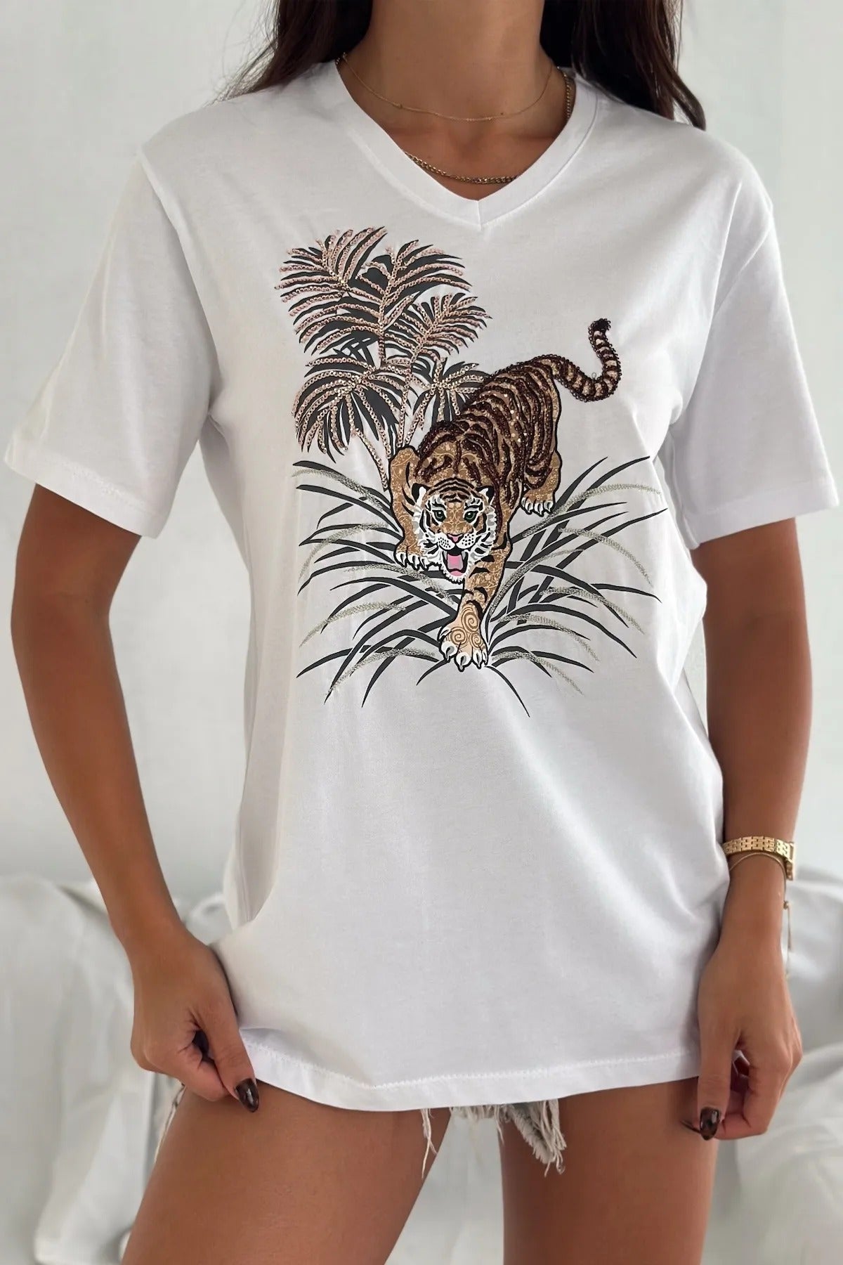 Tilda Leopard Sequin Cotton Short Sleeve T-Shirt - White