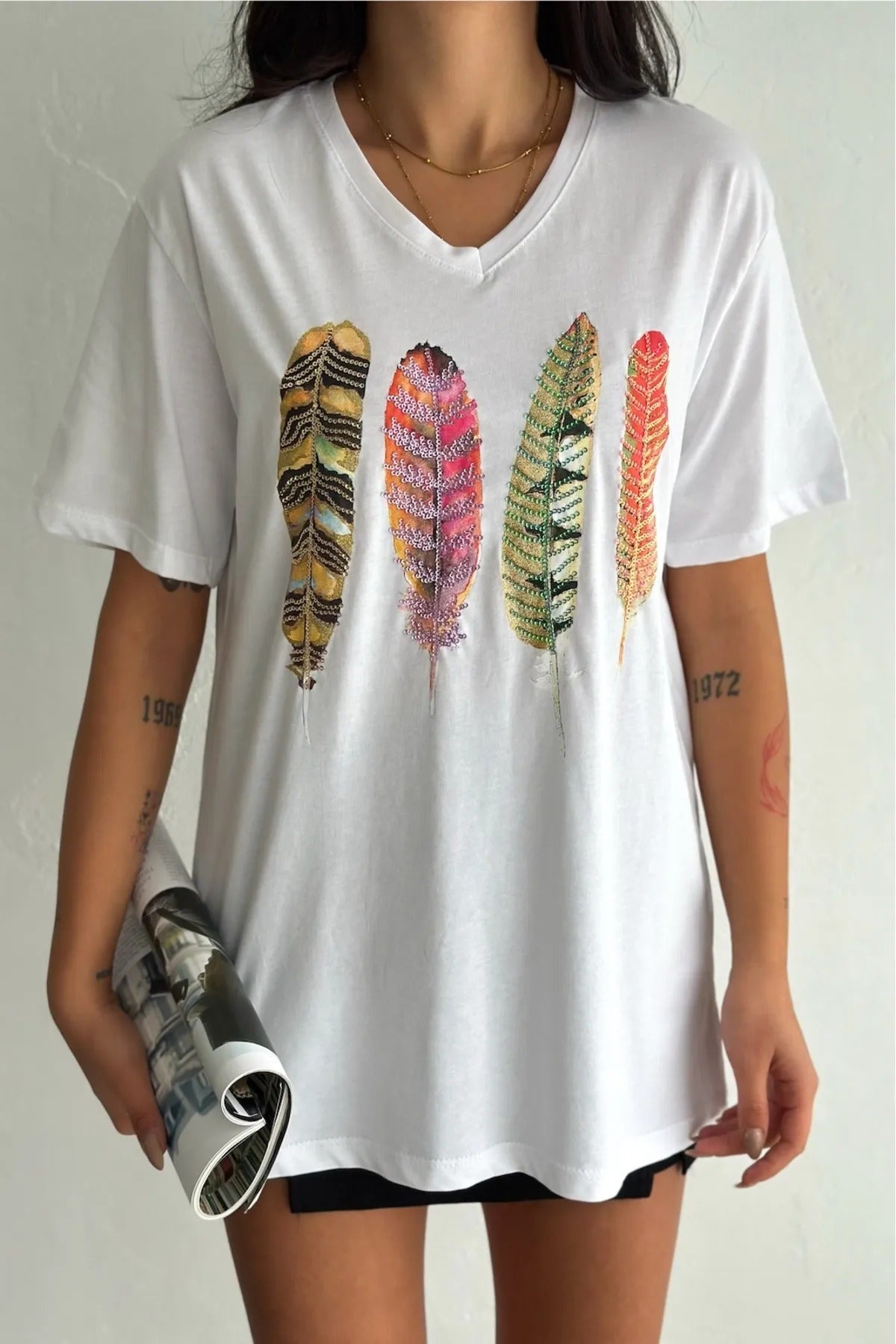 Tilda Leaf Sequin Cotton Short Sleeve T-Shirt - White