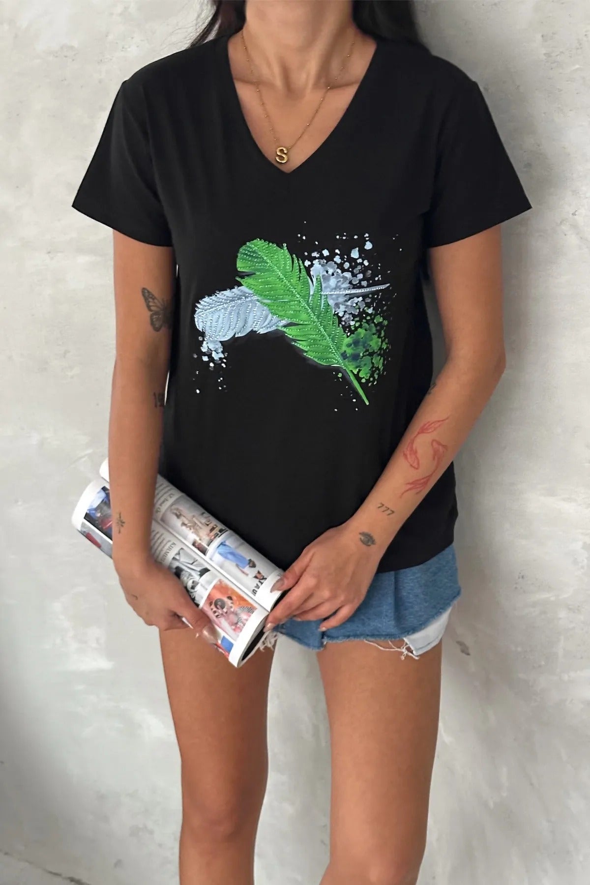 Tilda Feather Sequin Cotton Short Sleeve T-Shirt - Black