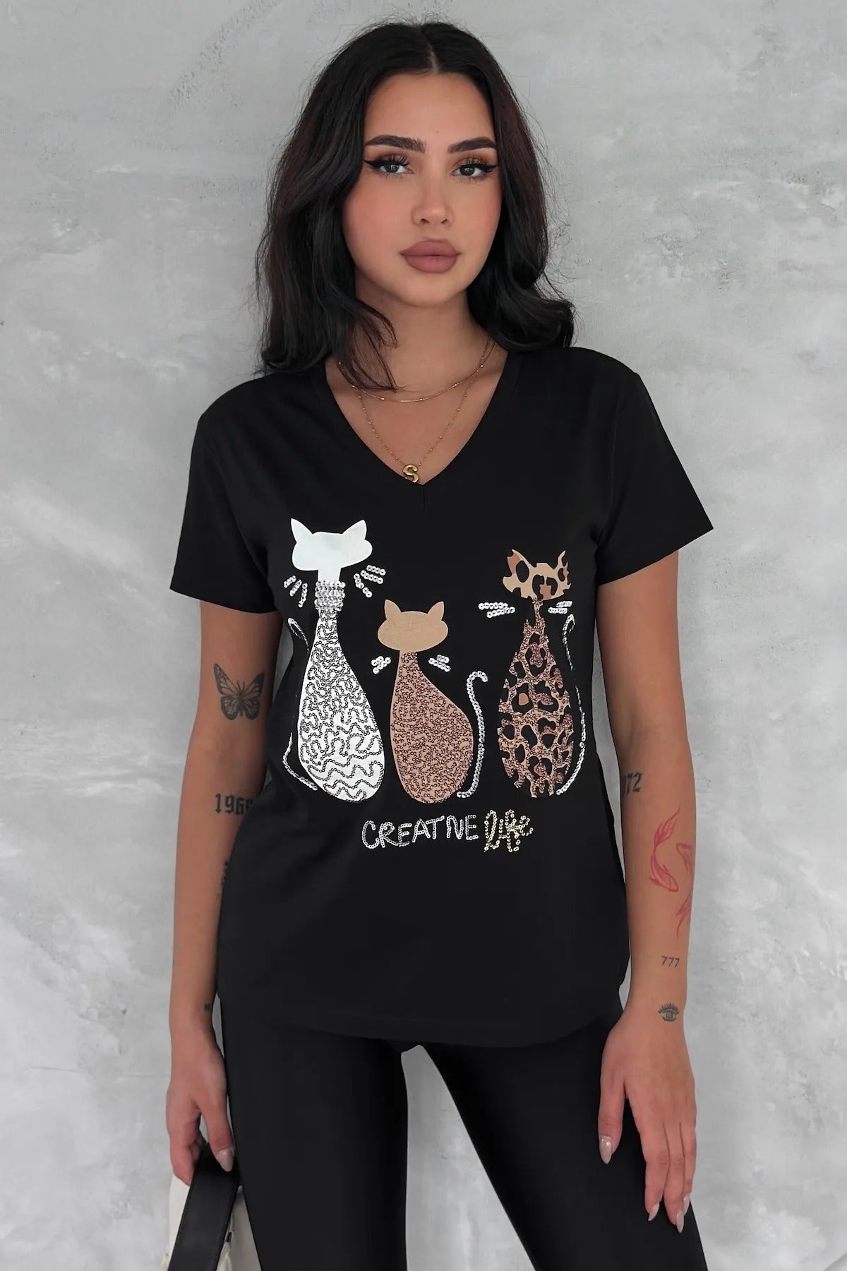 Tilda Cat Sequin Cotton Short Sleeve T-Shirt - Black