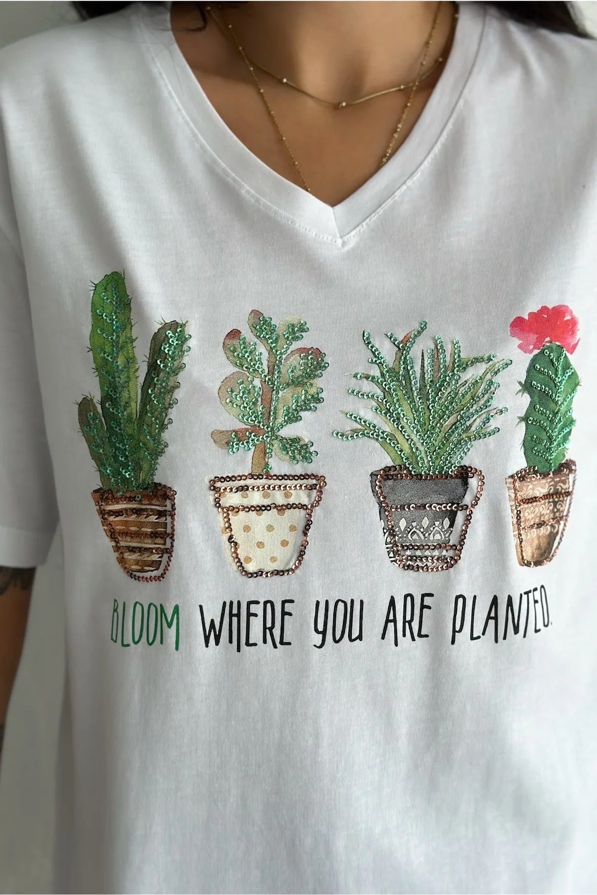 Tilda Cactus Floral Sequin Cotton T-Shirt - White
