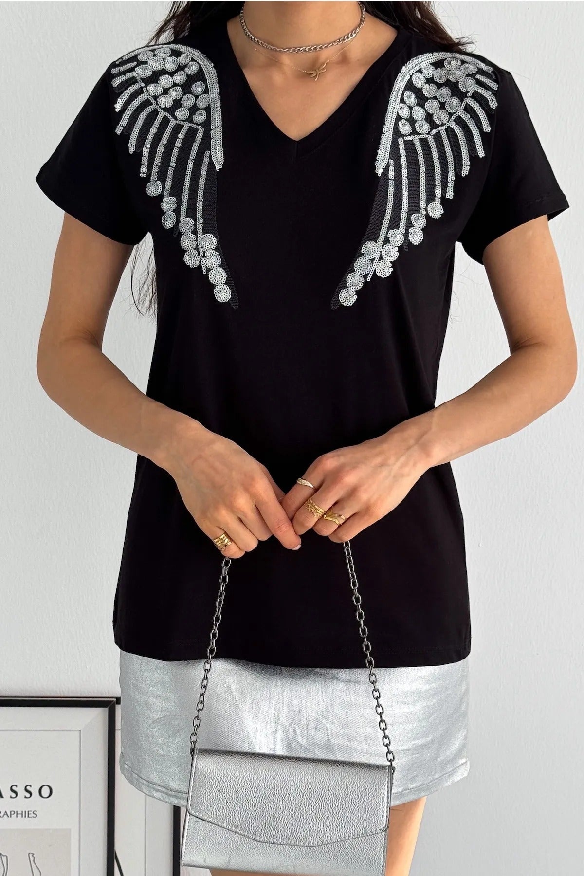 Tilda Angel Sequin Cotton Short Sleeve T-Shirt - Black