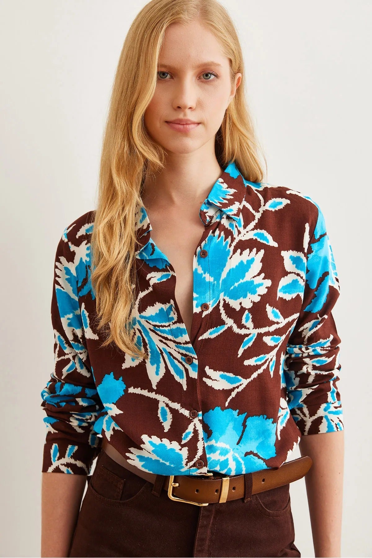 Sophia Blue Brown Floral Designer Button Down Shirt