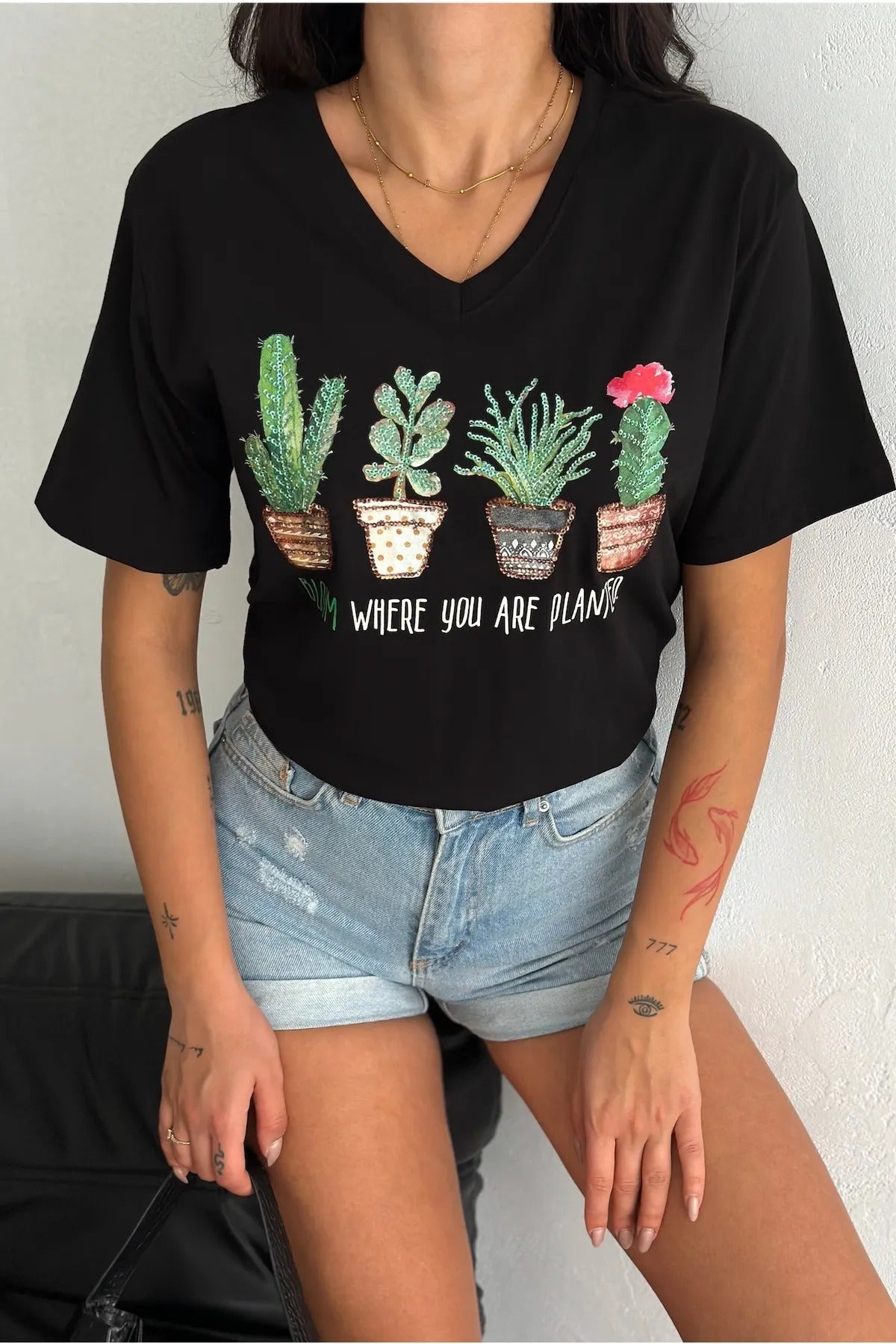 Tilda Black Cactus Floral Sequin Cotton T-Shirt