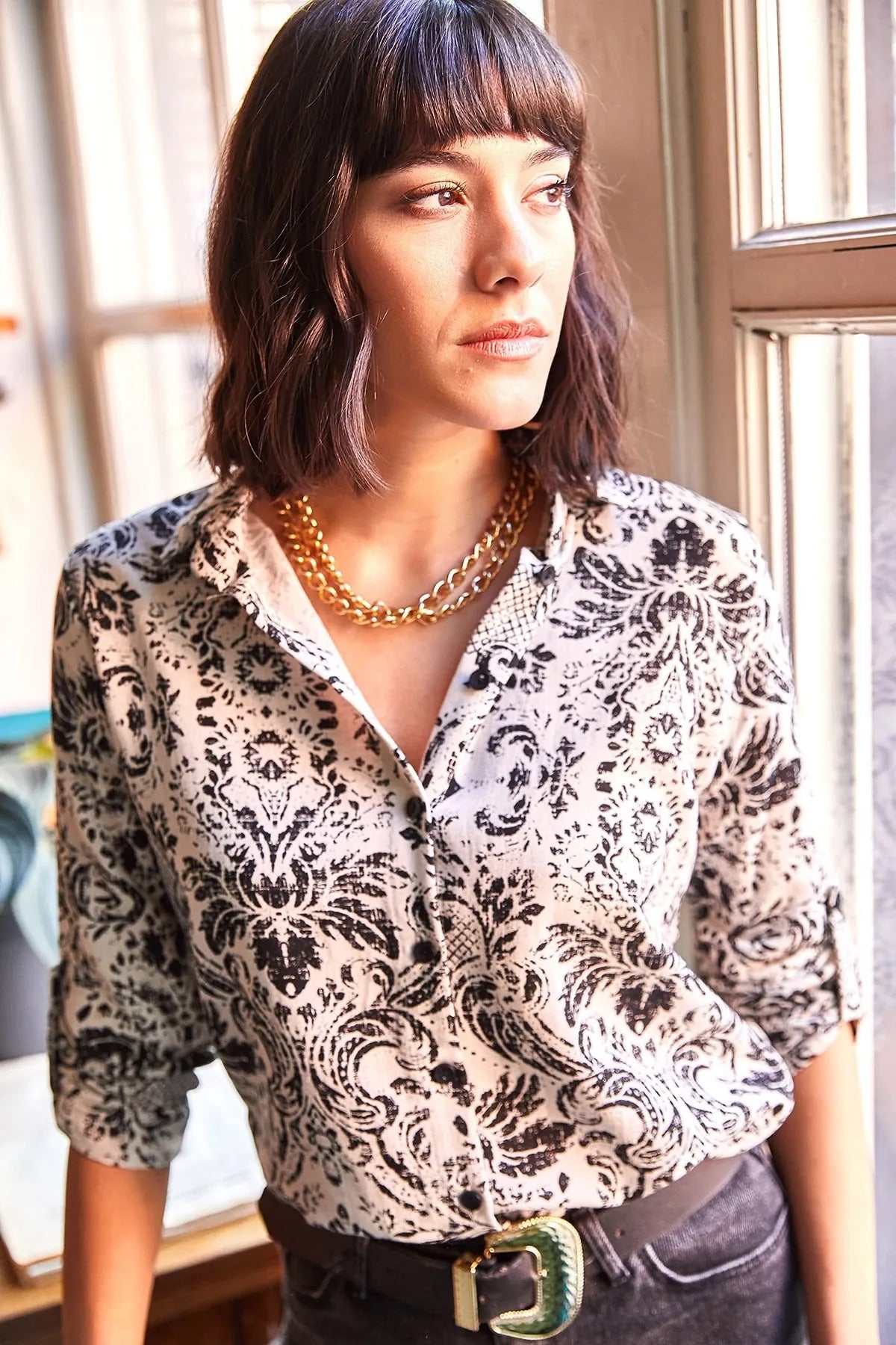 Sophia Black Floral Designer Button-Up Blouse