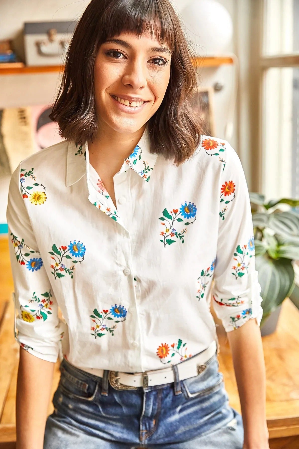 Sophia White Floral Designer Button Down Shirt
