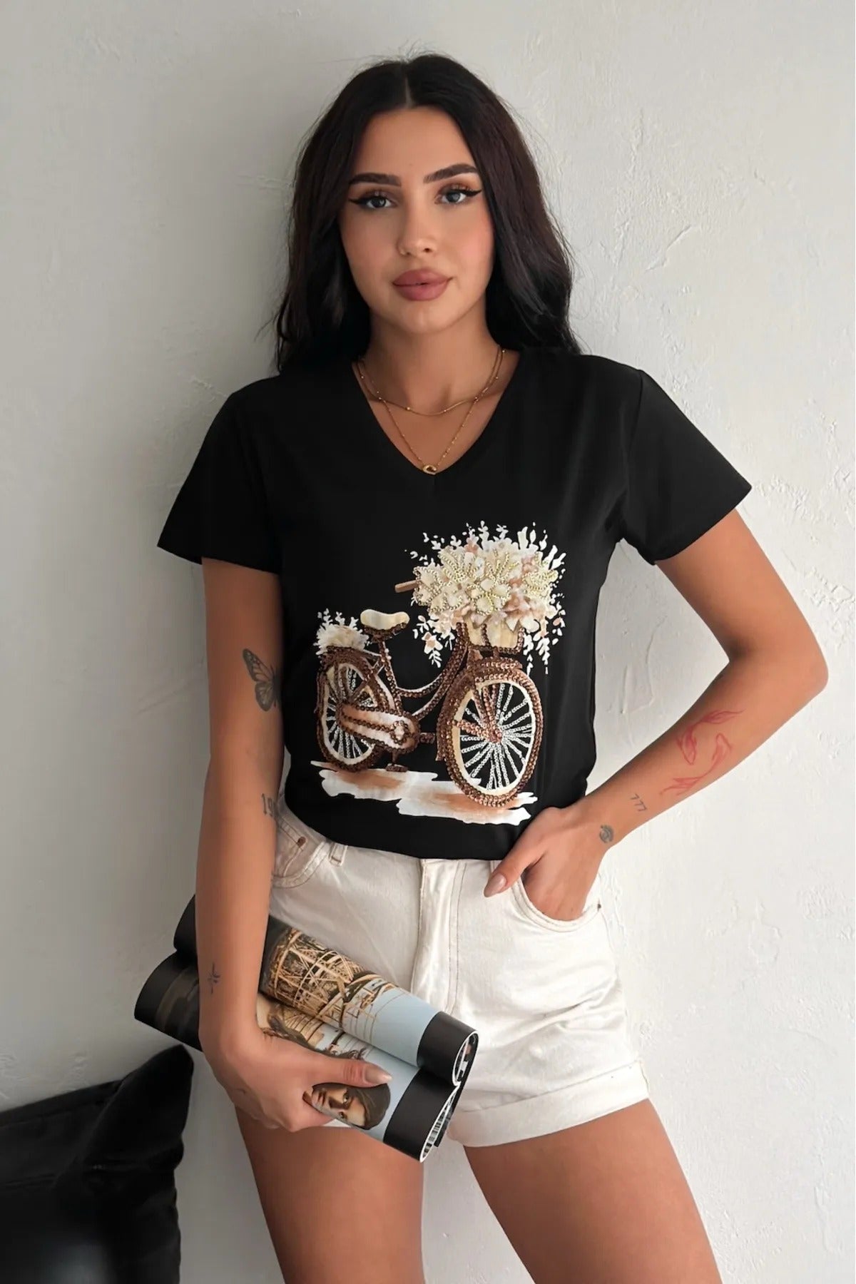 Tilda Bicycle Sequin Cotton T-Shirt - Black