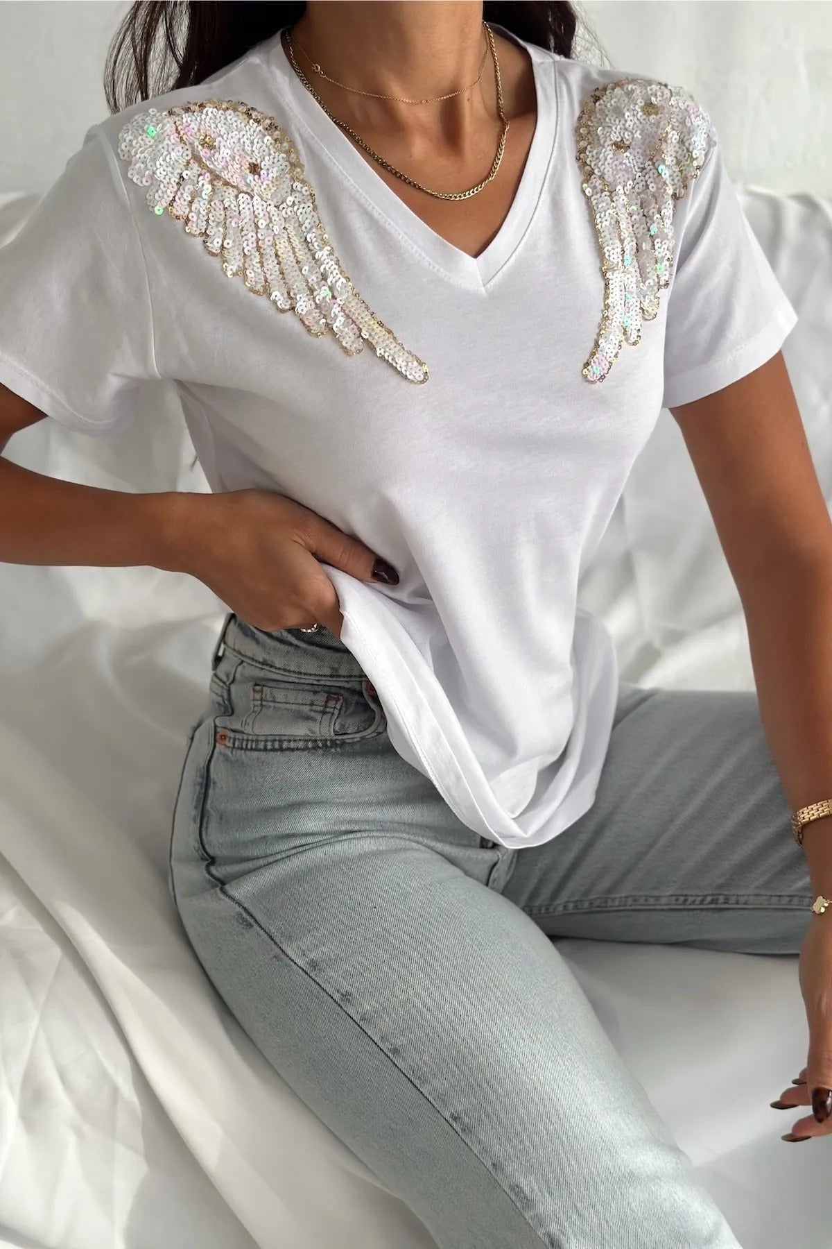 Tilda Angel Sequin Cotton Short Sleeve T-Shirt - White