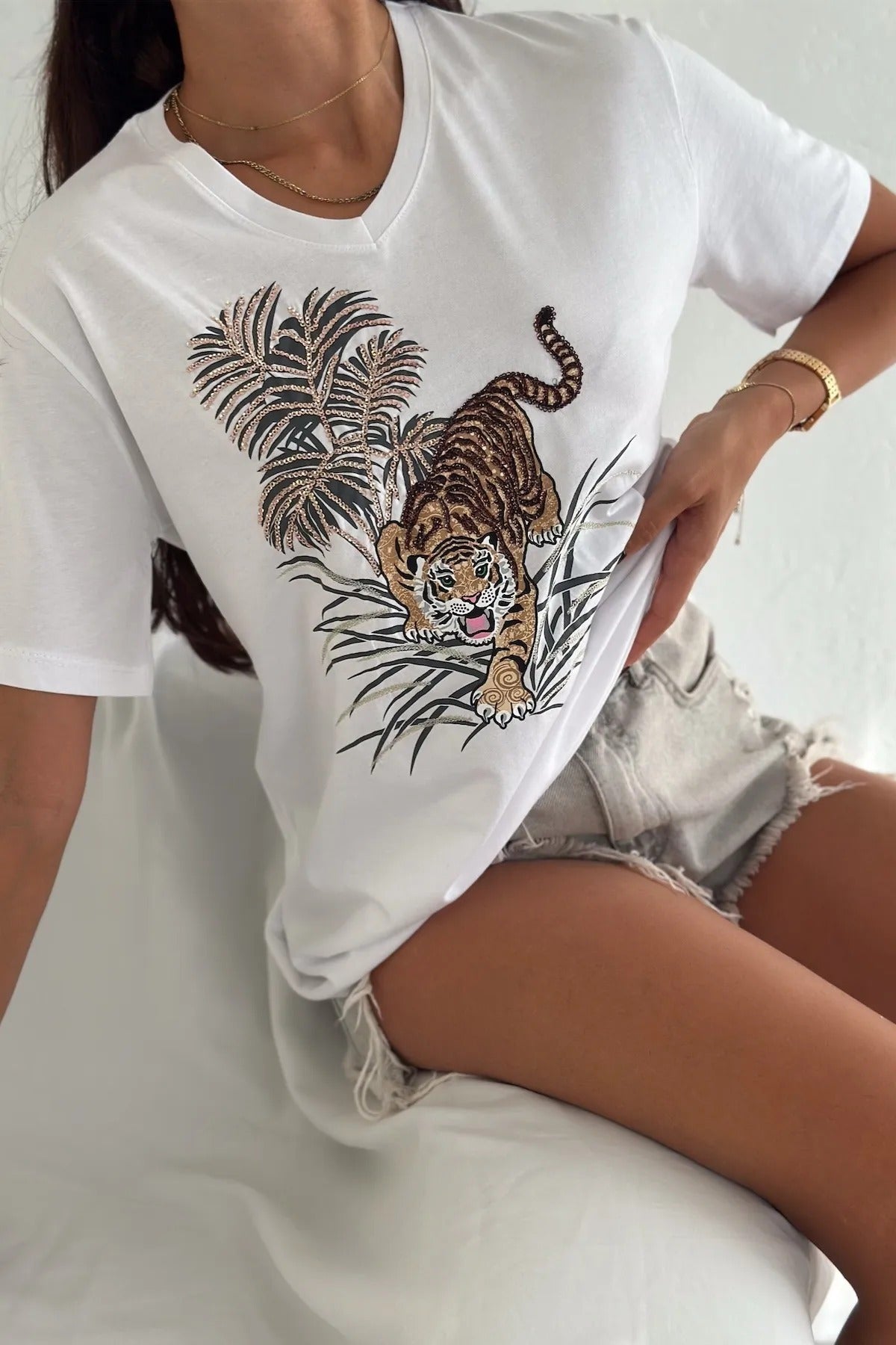 Tilda Leopard Sequin Cotton Short Sleeve T-Shirt - White