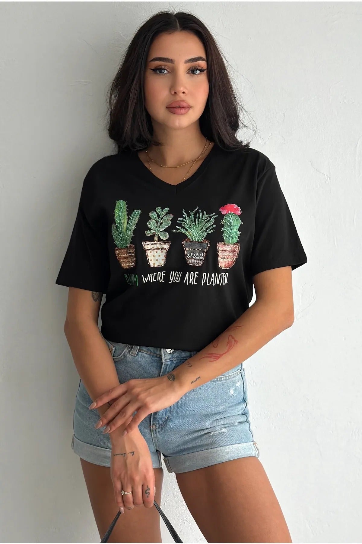 Tilda Black Cactus Floral Sequin Cotton T-Shirt