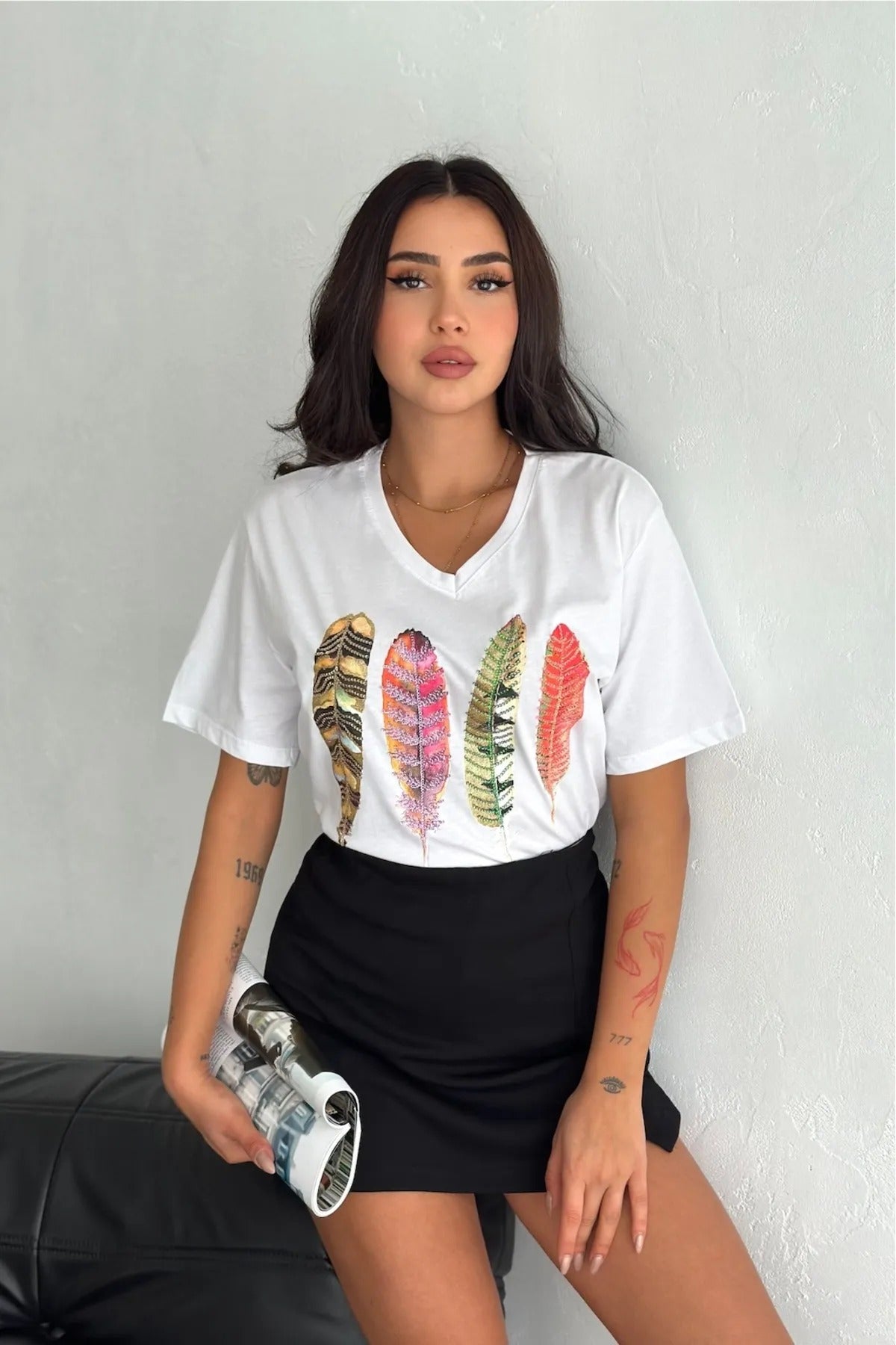 Tilda Leaf Sequin Cotton Short Sleeve T-Shirt - White