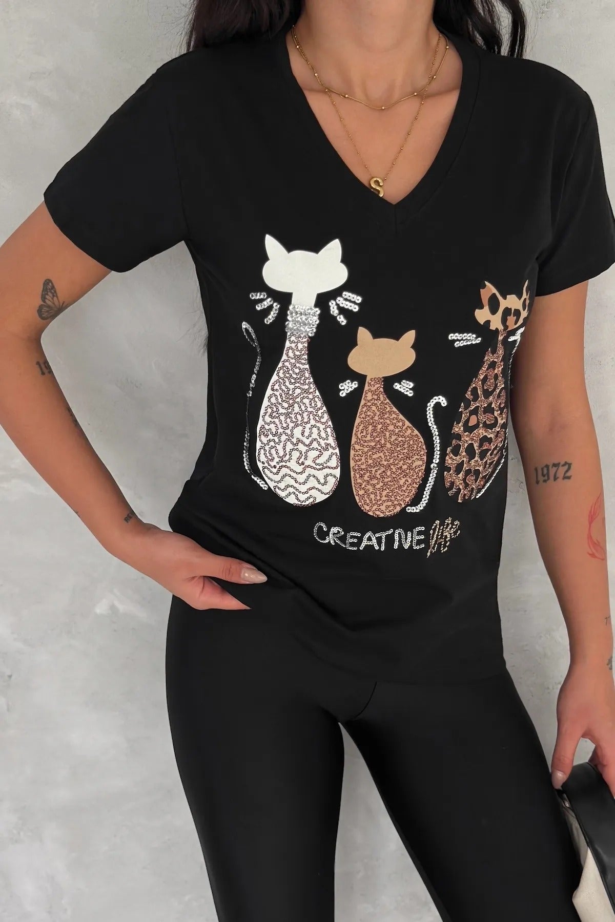 Tilda Cat Sequin Cotton Short Sleeve T-Shirt - Black