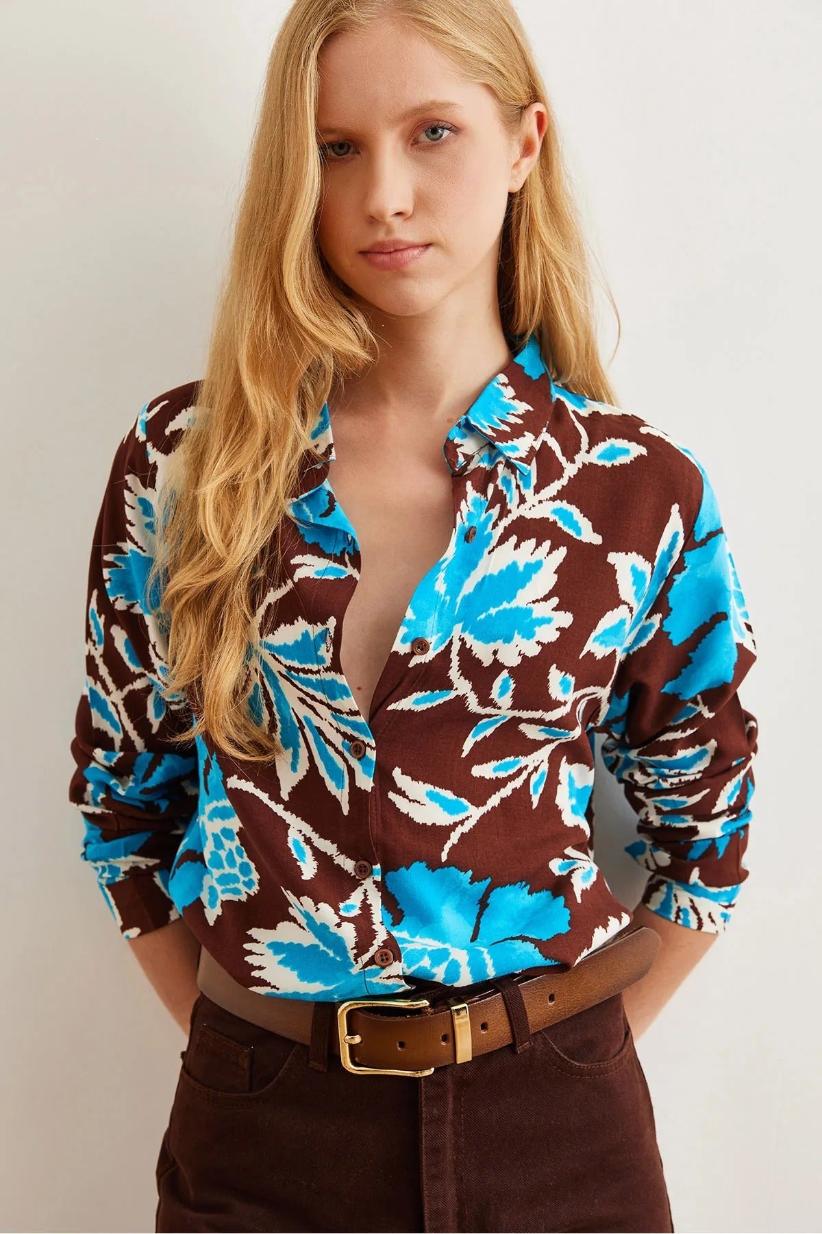 Sophia Blue Brown Floral Designer Button Down Shirt