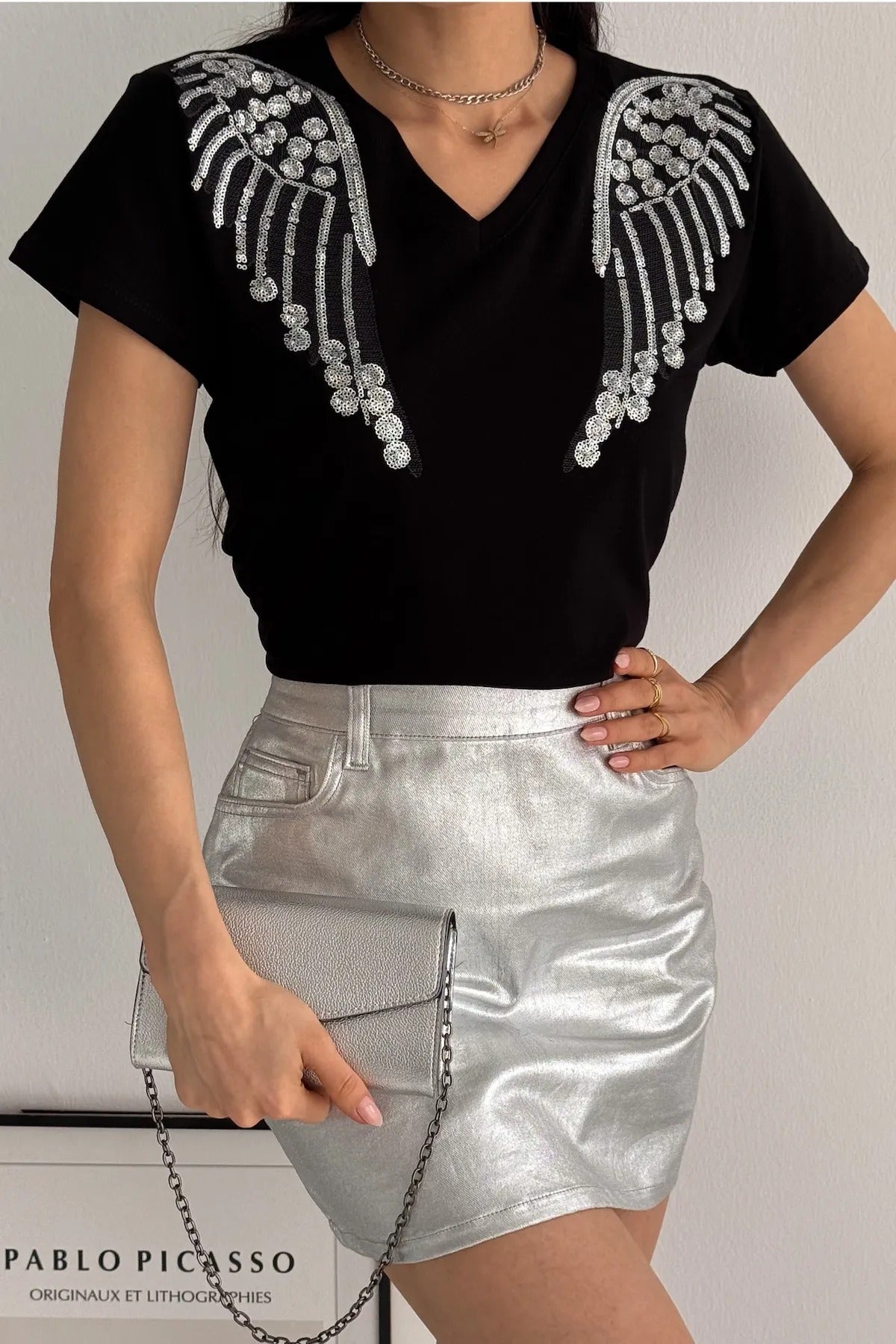 Tilda Angel Sequin Cotton Short Sleeve T-Shirt - Black