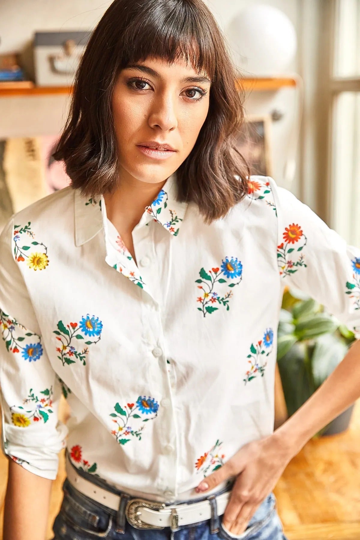 Sophia White Floral Designer Button Down Shirt