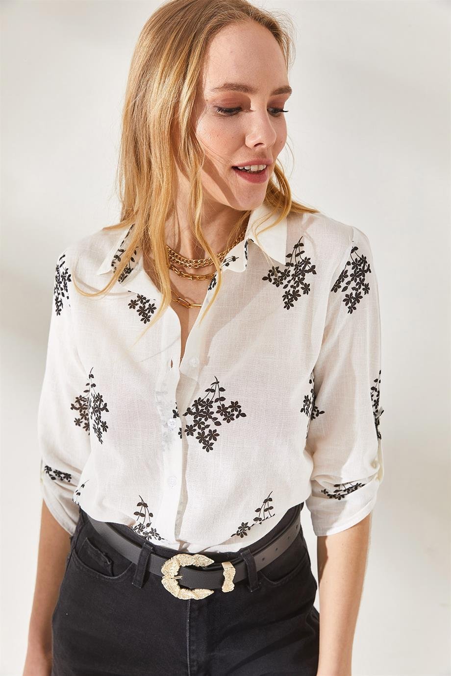 Verona Black Leaf Print Linen White Blouse