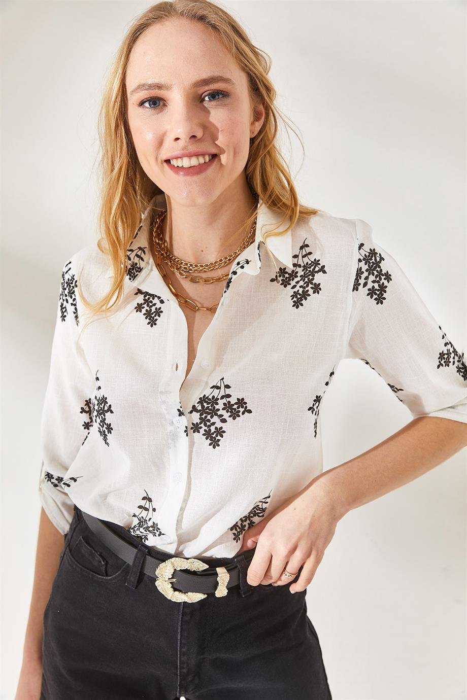 Verona Black Leaf Print Linen White Blouse