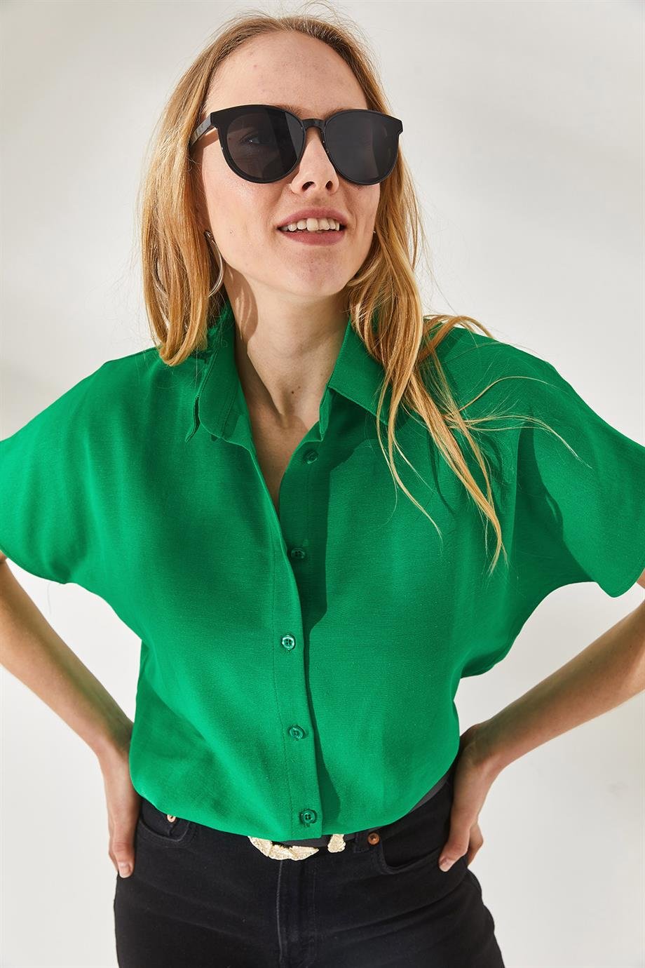 Black Cotton Short Sleeve Button Down Shirt