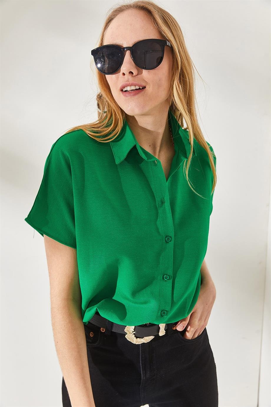 Black Cotton Short Sleeve Button Down Shirt