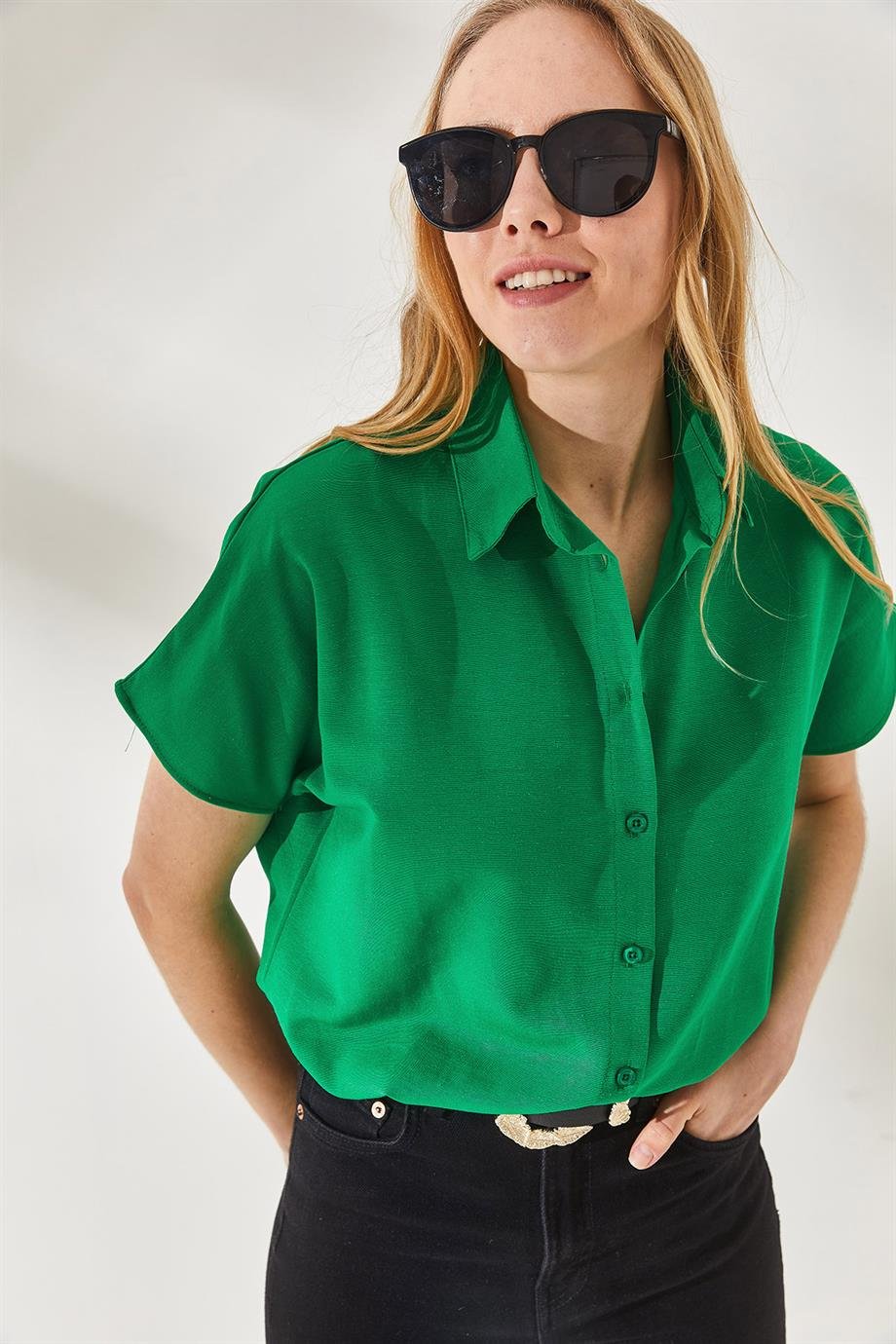 Black Cotton Short Sleeve Button Down Shirt
