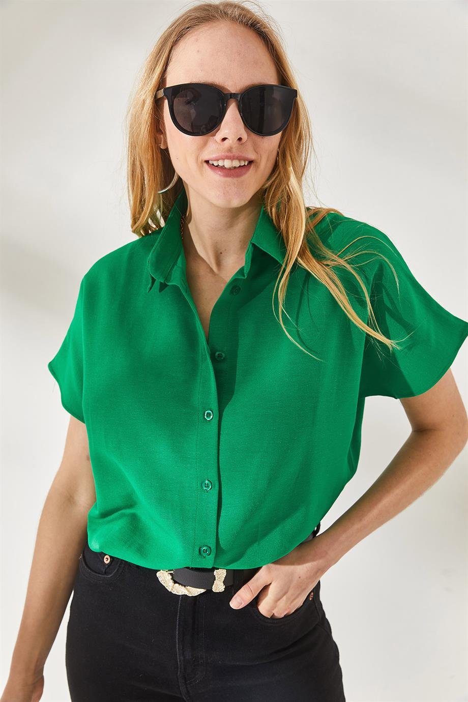 Black Cotton Short Sleeve Button Down Shirt