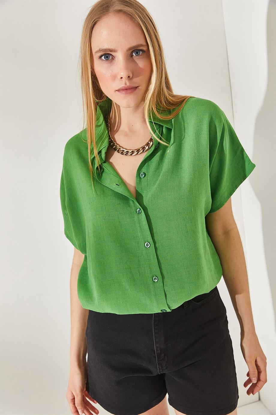 Black Cotton Short Sleeve Button Down Shirt