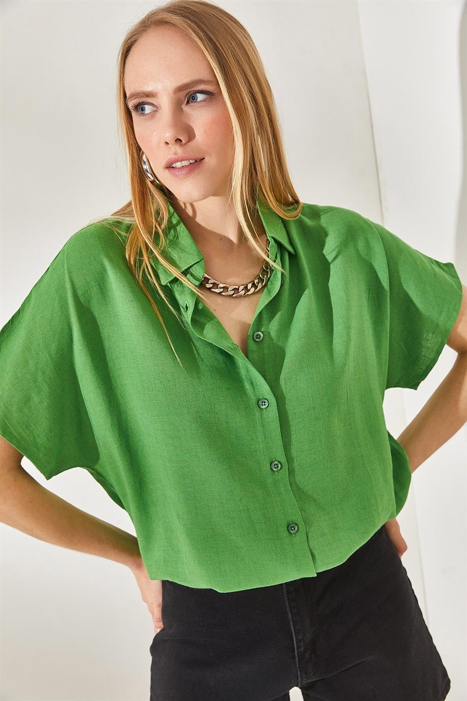Black Cotton Short Sleeve Button Down Shirt