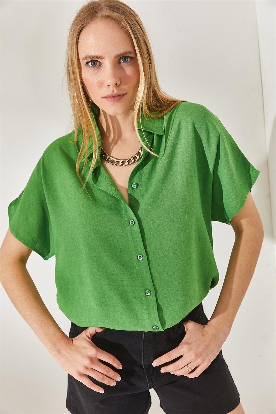 Black Cotton Short Sleeve Button Down Shirt