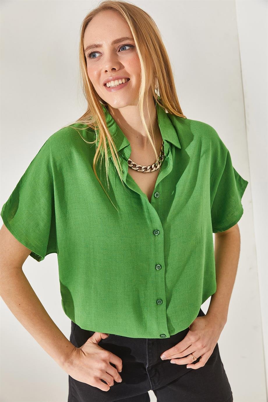 Black Cotton Short Sleeve Button Down Shirt