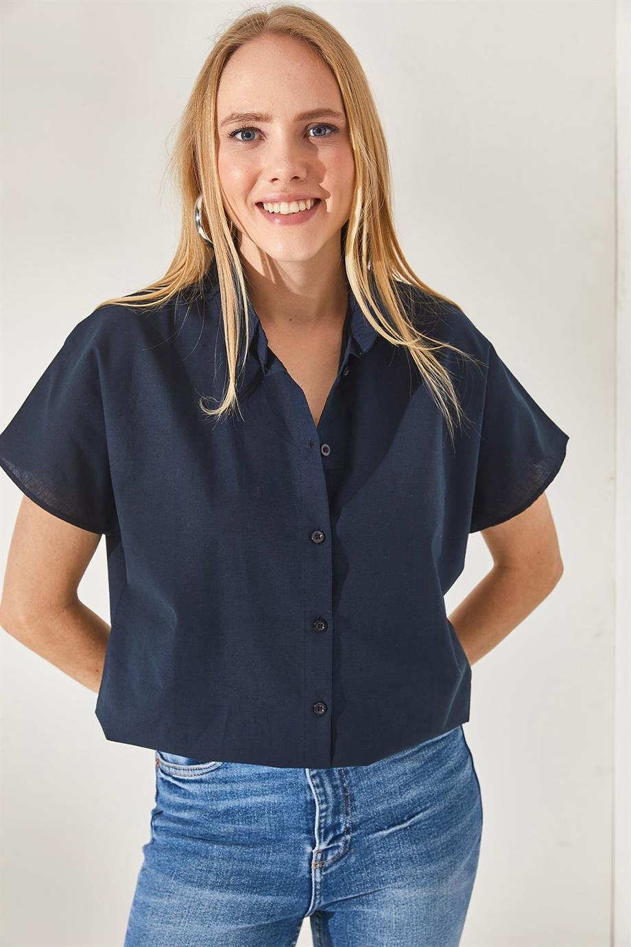 Black Cotton Short Sleeve Button Down Shirt