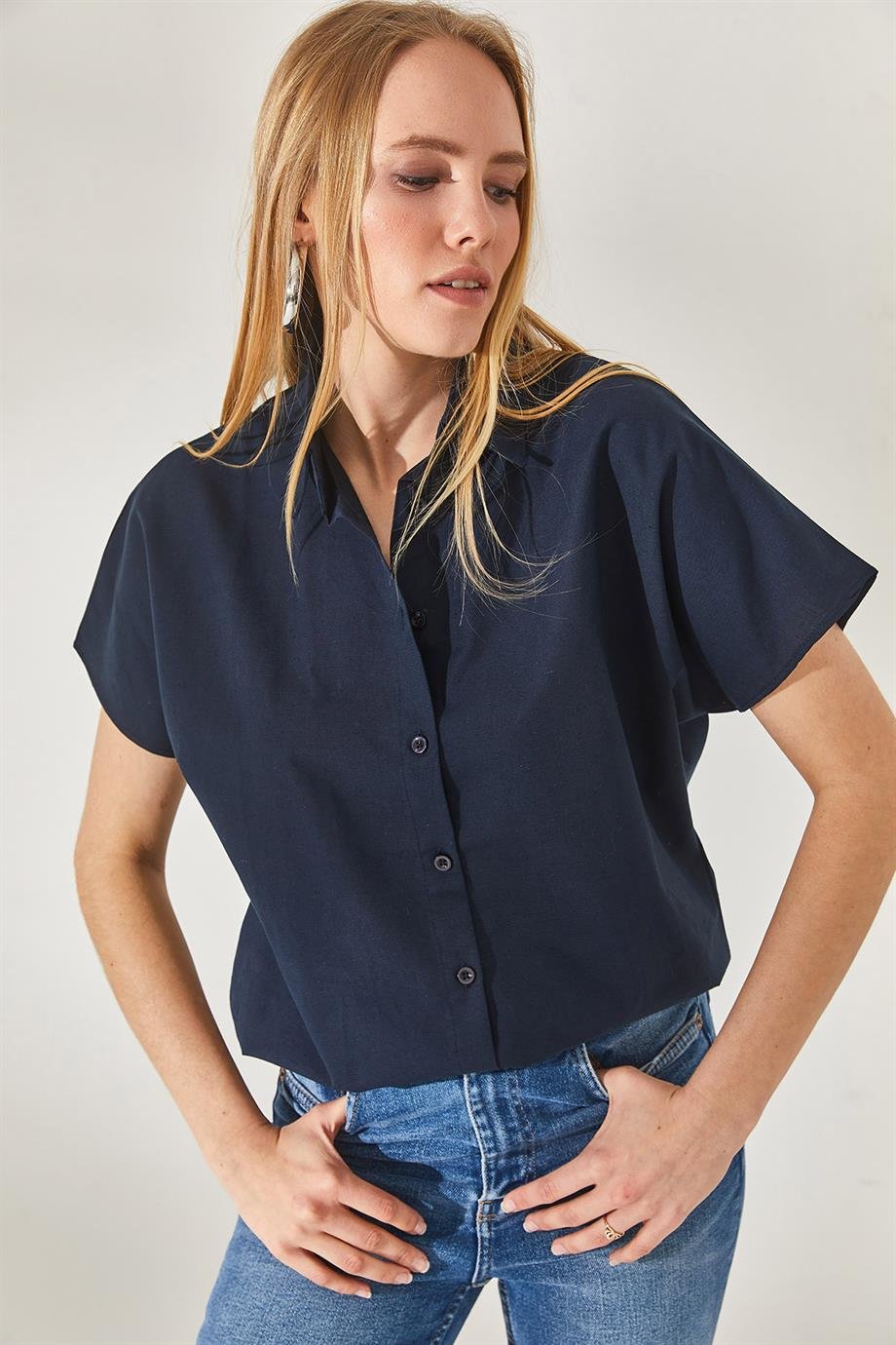 Black Cotton Short Sleeve Button Down Shirt